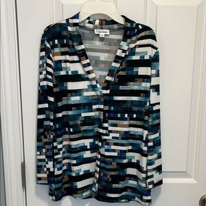 Calvin Klein Women's Geometric Long Sleeve Top - Blue, Black, White